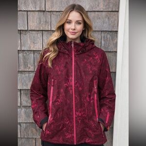 Athleta Twin Tip Ski Jacket in Port Wine Snow Scroll.